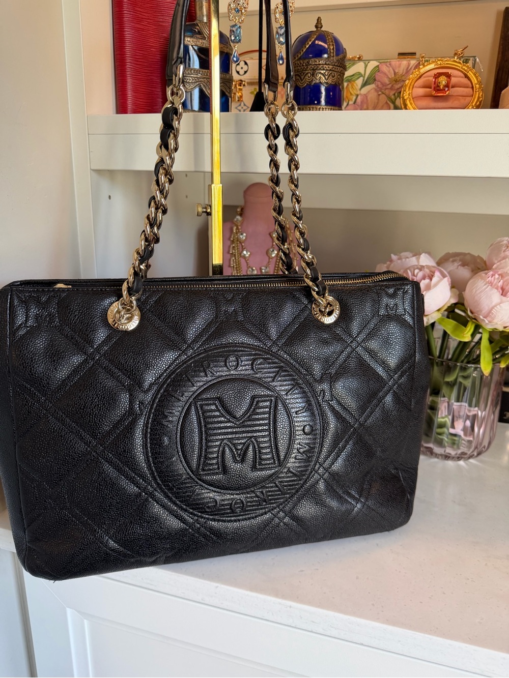 Metro City Black Quilted Leather Shoulder Tote w Chain Straps like new